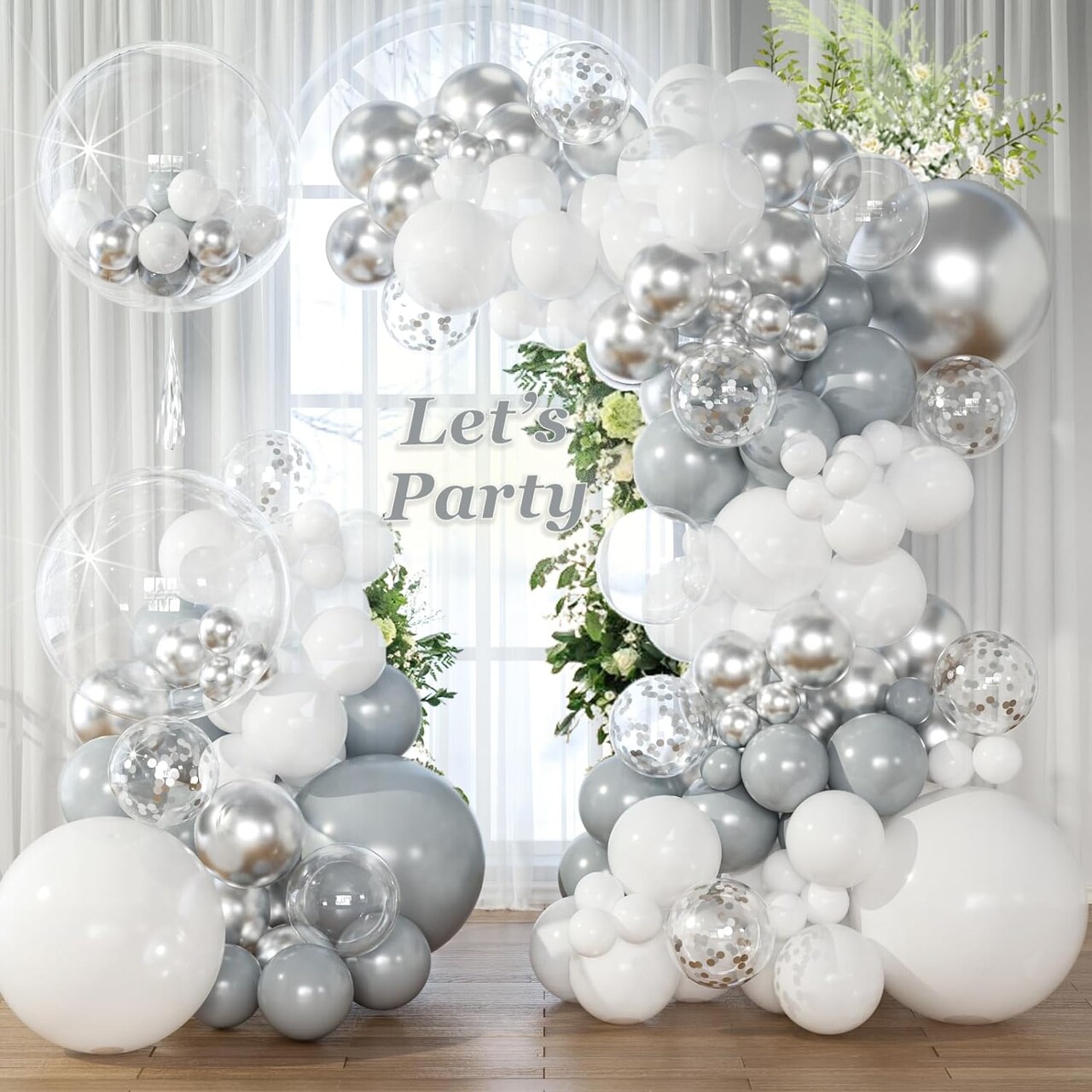 White Silver Balloon Garland Arch Kit,145pcs Grey Silver White Clear Balloons for Engagement Wedding Birthday 2024 Graduation Baby Shower Anniversary Party Decorations